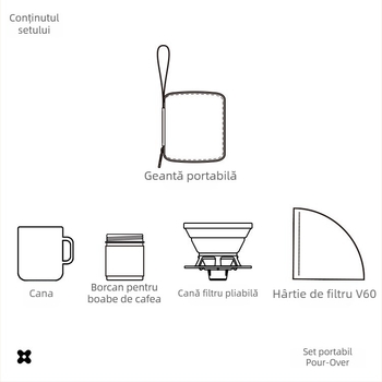 Set portabil de cafea pentru preparare manuală, pentru camping și călătorii, cu ceașcă din silicon și filtru