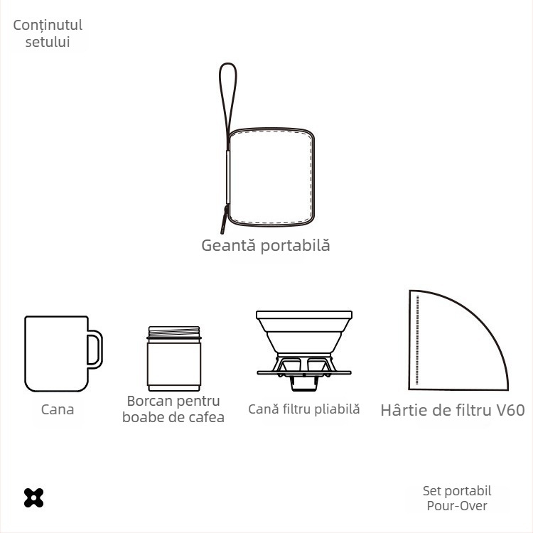Set portabil de cafea pentru preparare manuală, pentru camping și călătorii, cu ceașcă din silicon și filtru