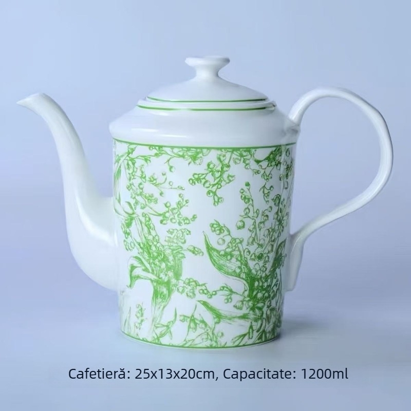 Set european de ceai și cafea din porțelan bone china, cu model Lily of the Valley, ceainic ceramic, pot pentru cafea, zaharniță, cană de lapte și cești – cadou