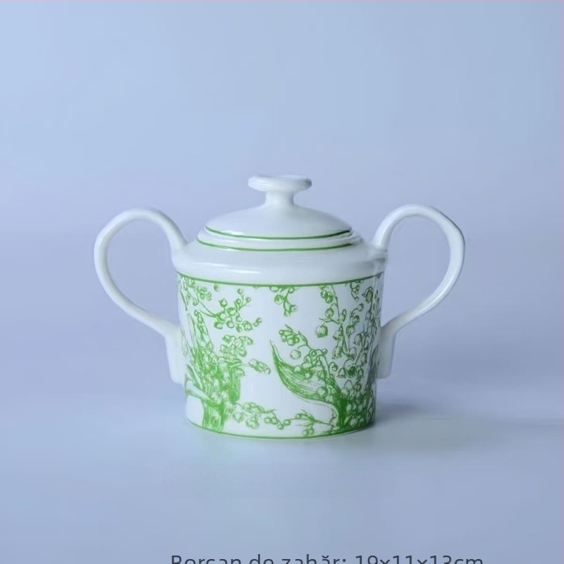 Set european de ceai și cafea din porțelan bone china, cu model Lily of the Valley, ceainic ceramic, pot pentru cafea, zaharniță, cană de lapte și cești – cadou
