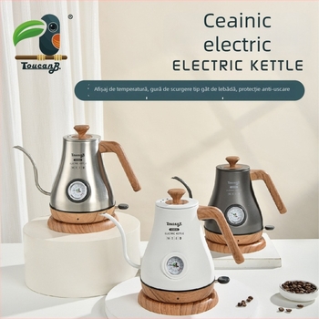 Ceainic electric din oțel inoxidabil, gură subțire pentru cafea la filtru, controlul temperaturii, protecție împotriva uscării, finisaj vintage lacuit cu textură lemnoasă, afișaj vizibil al temperaturii.