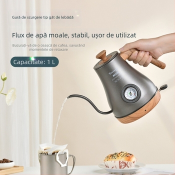 Ceainic electric din oțel inoxidabil, gură subțire pentru cafea la filtru, controlul temperaturii, protecție împotriva uscării, finisaj vintage lacuit cu textură lemnoasă, afișaj vizibil al temperaturii.