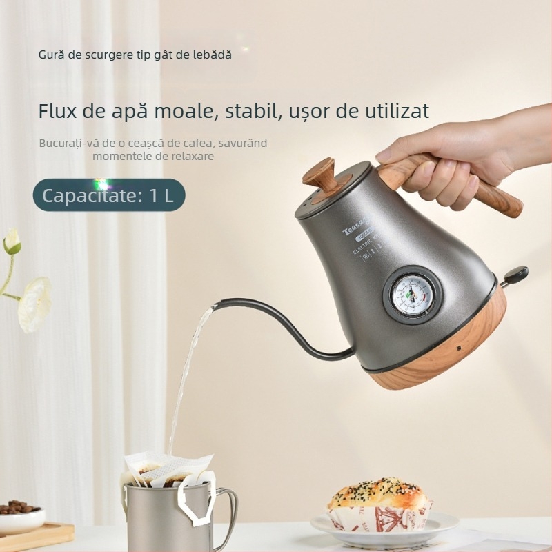 Ceainic electric din oțel inoxidabil, gură subțire pentru cafea la filtru, controlul temperaturii, protecție împotriva uscării, finisaj vintage lacuit cu textură lemnoasă, afișaj vizibil al temperaturii.