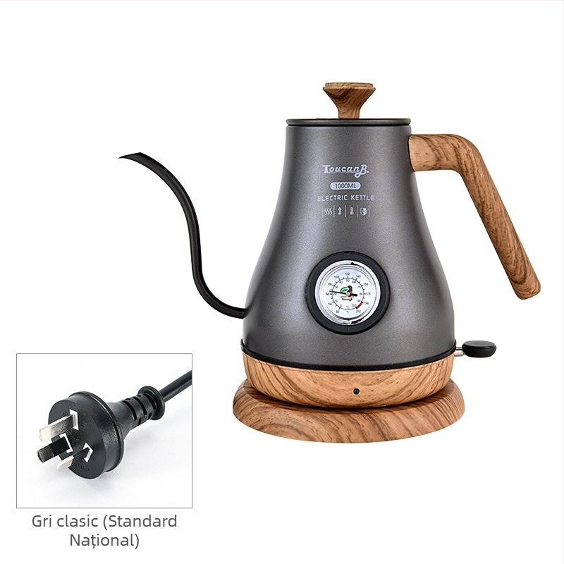 Ceainic electric din oțel inoxidabil, gură subțire pentru cafea la filtru, controlul temperaturii, protecție împotriva uscării, finisaj vintage lacuit cu textură lemnoasă, afișaj vizibil al temperaturii.