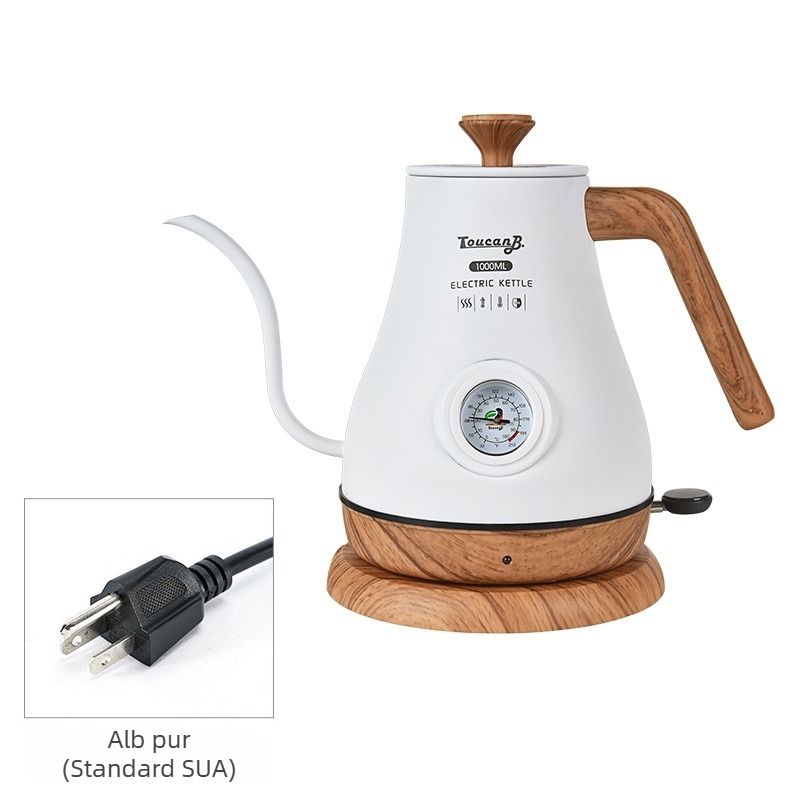 Ceainic electric din oțel inoxidabil, gură subțire pentru cafea la filtru, controlul temperaturii, protecție împotriva uscării, finisaj vintage lacuit cu textură lemnoasă, afișaj vizibil al temperaturii.