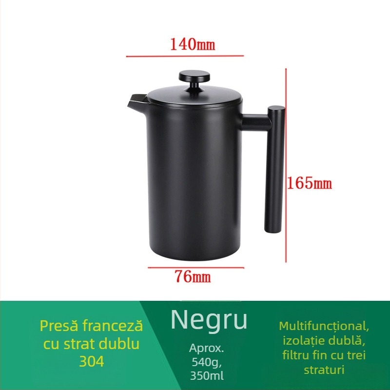 Cafetieră franțuzească din oțel inoxidabil 304, neagră, cu filtru european și infuzor pentru ceai