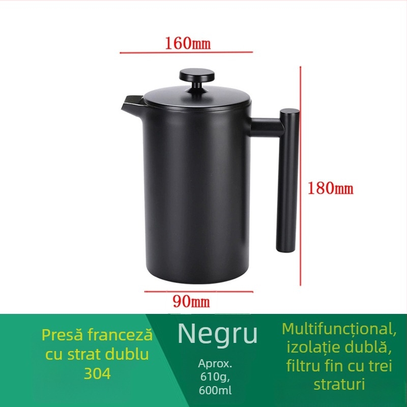 Cafetieră franțuzească din oțel inoxidabil 304, neagră, cu filtru european și infuzor pentru ceai