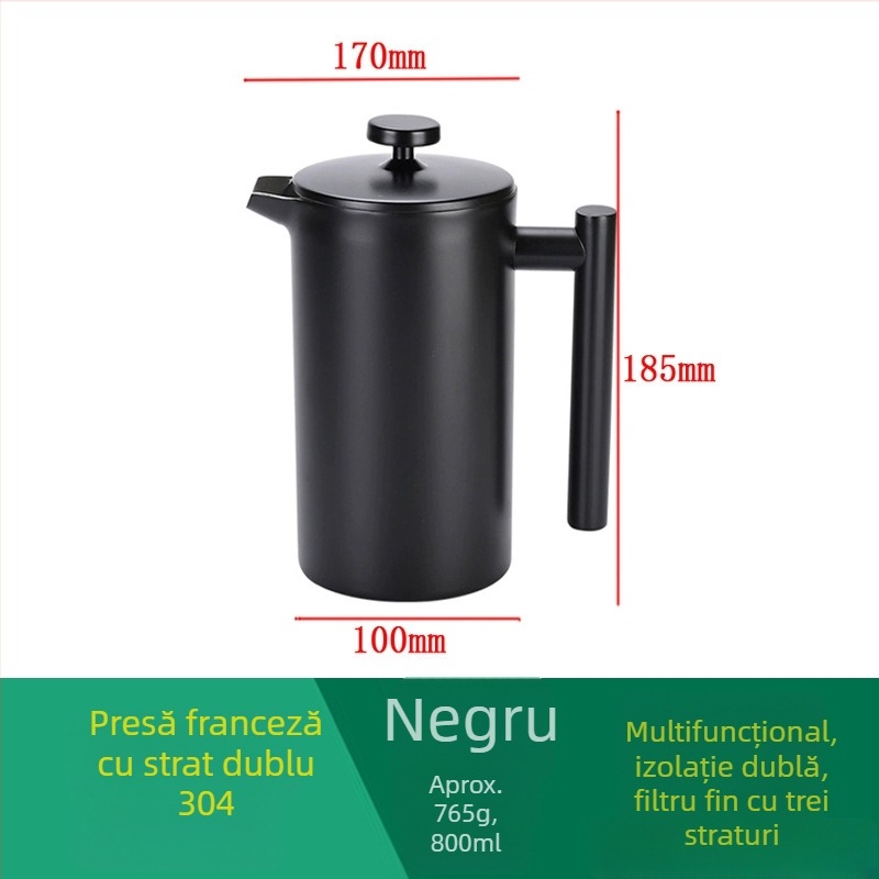 Cafetieră franțuzească din oțel inoxidabil 304, neagră, cu filtru european și infuzor pentru ceai