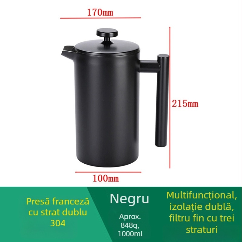 Cafetieră franțuzească din oțel inoxidabil 304, neagră, cu filtru european și infuzor pentru ceai