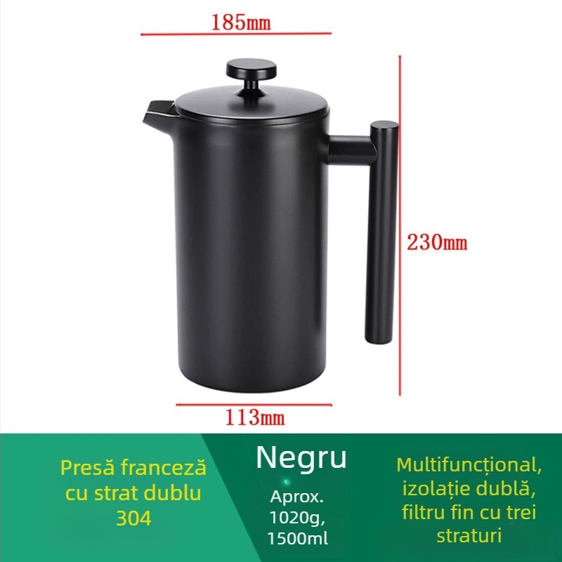 Cafetieră franțuzească din oțel inoxidabil 304, neagră, cu filtru european și infuzor pentru ceai