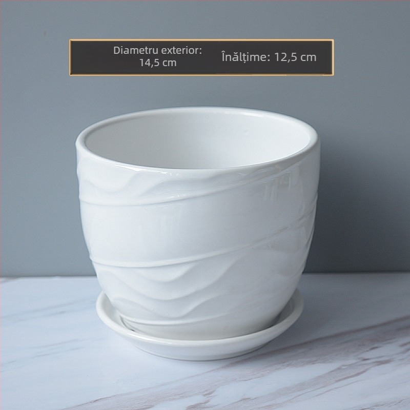Ghiveci ceramic cu farfurie pentru birou și balcon, pentru suculente, cu dungi albe, suport pentru plante