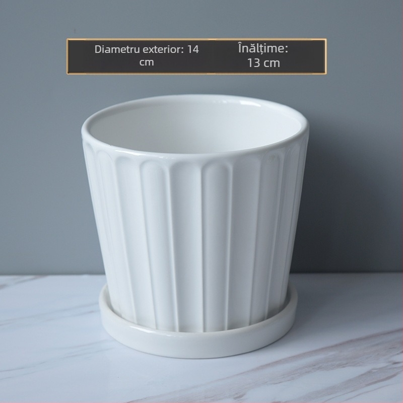 Ghiveci ceramic cu farfurie pentru birou și balcon, pentru suculente, cu dungi albe, suport pentru plante