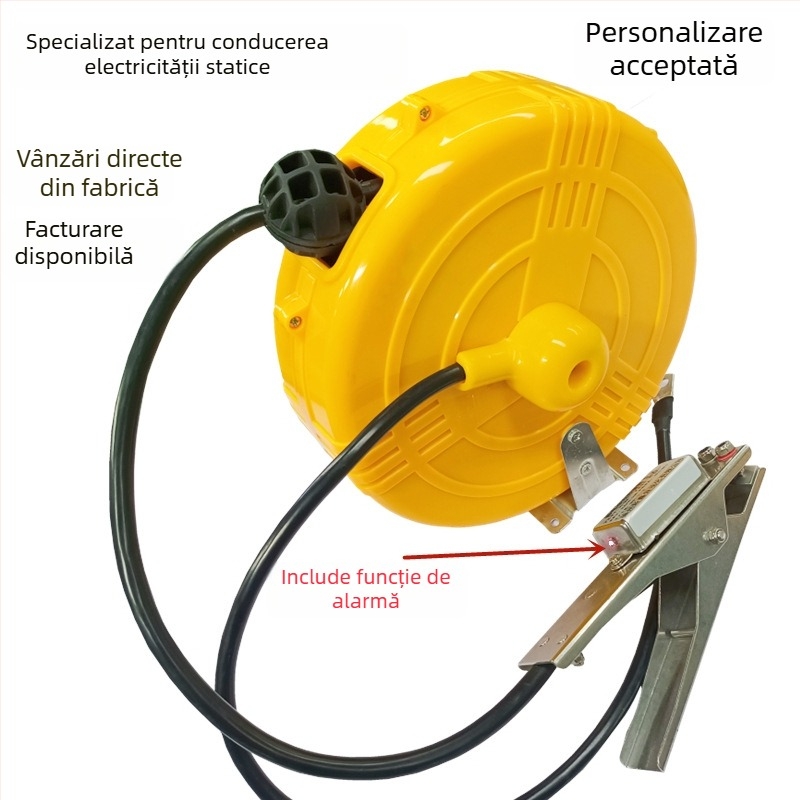 Tambur de împământare electrostatic pentru cisternă, cu clips de alarmă retractabile