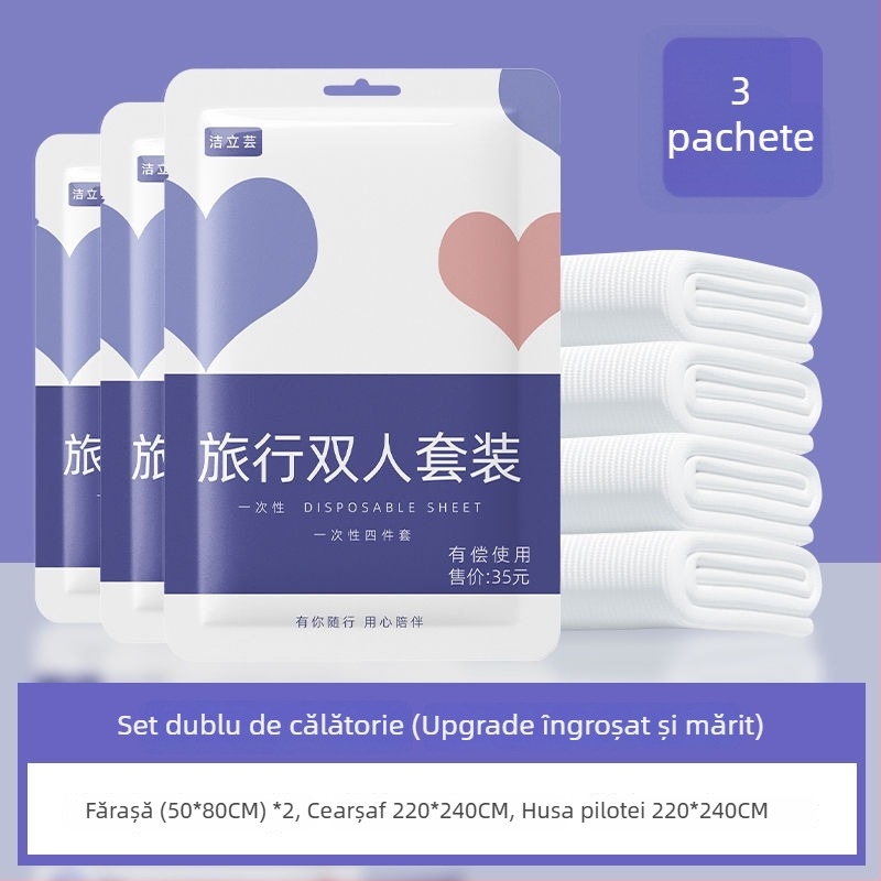 Set de lenjerie de voiaj de unică folosință, patru piese, ce include sac de dormit dublu, fețe de pernă și cearșaf, portabil