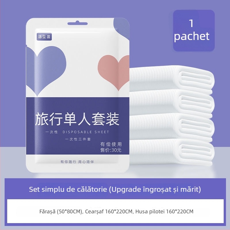 Set de lenjerie de voiaj de unică folosință, patru piese, ce include sac de dormit dublu, fețe de pernă și cearșaf, portabil