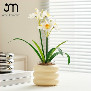 Ghiveci ceramic creativ în nuanțe macarons, formă de donut, pentru Phalaenopsis și suculente, stil nordic minimalist.