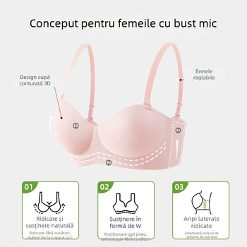 Sutien push-up roz, fără bretele, fără cusături, cupă 3/4, purtare în două moduri