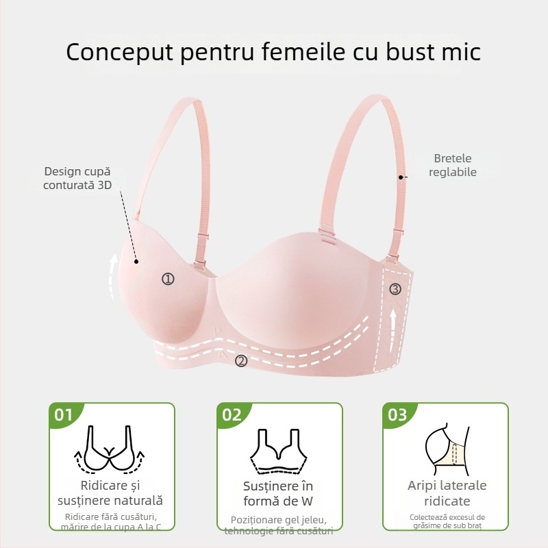 Sutien push-up roz, fără bretele, fără cusături, cupă 3/4, purtare în două moduri