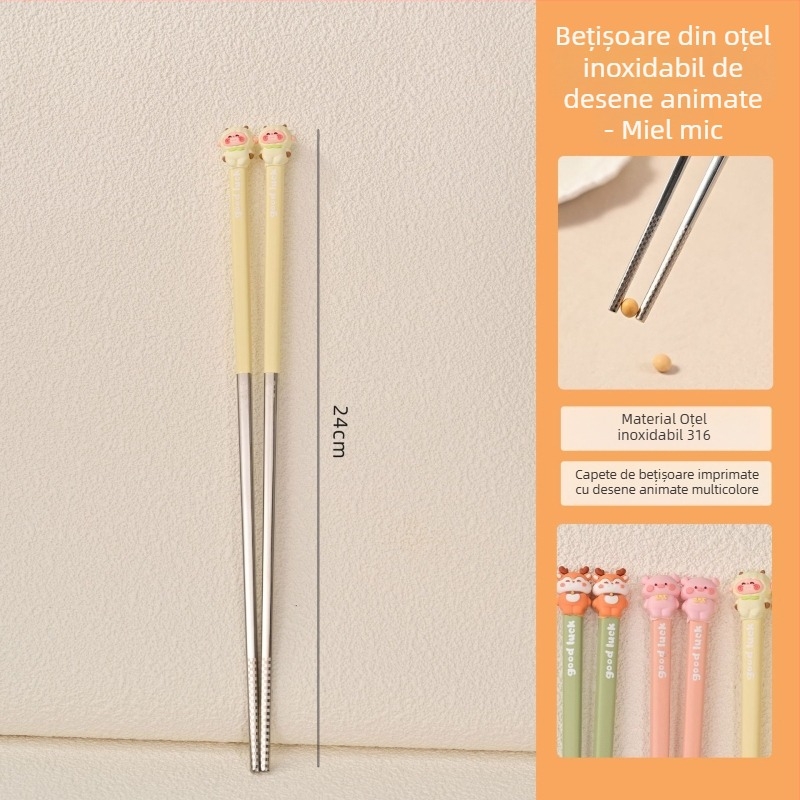 Bețișoare pentru copii din oțel inoxidabil 316, pentru uz casnic, antibacteriale și antiderapante, design drăguț, bețișoare individuale pentru copii