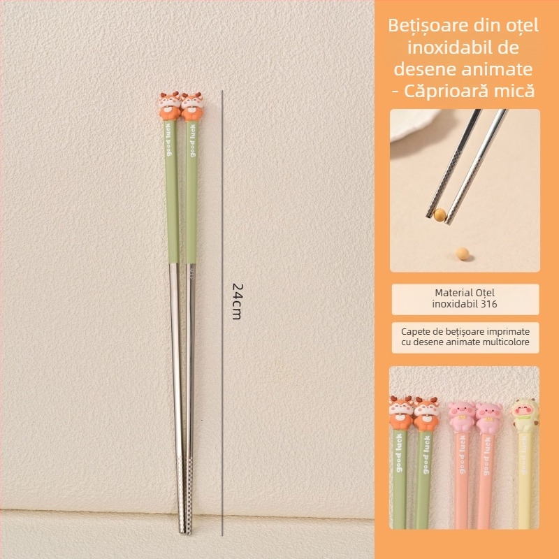 Bețișoare pentru copii din oțel inoxidabil 316, pentru uz casnic, antibacteriale și antiderapante, design drăguț, bețișoare individuale pentru copii