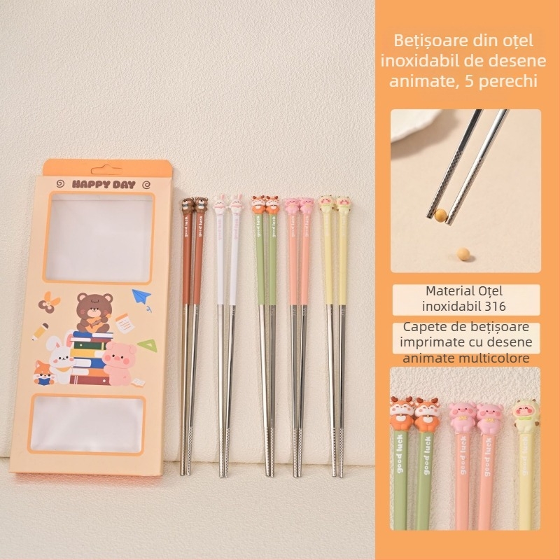 Bețișoare pentru copii din oțel inoxidabil 316, pentru uz casnic, antibacteriale și antiderapante, design drăguț, bețișoare individuale pentru copii