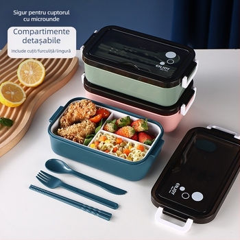 Cutie de prânz pentru microunde, cu capac și compartimente, portabilă pentru studenți și angajați, material alimentar de calitate, cu tacâmuri