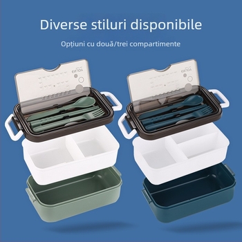 Cutie de prânz pentru microunde, cu capac și compartimente, portabilă pentru studenți și angajați, material alimentar de calitate, cu tacâmuri