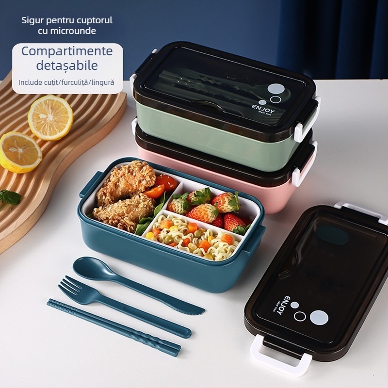 Cutie de prânz pentru microunde, cu capac și compartimente, portabilă pentru studenți și angajați, material alimentar de calitate, cu tacâmuri
