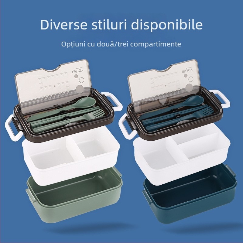 Cutie de prânz pentru microunde, cu capac și compartimente, portabilă pentru studenți și angajați, material alimentar de calitate, cu tacâmuri