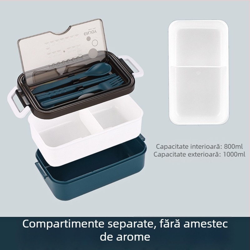 Cutie de prânz pentru microunde, cu capac și compartimente, portabilă pentru studenți și angajați, material alimentar de calitate, cu tacâmuri