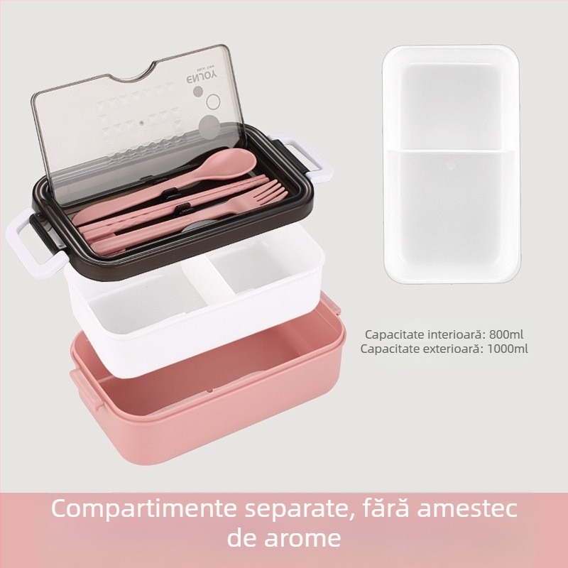 Cutie de prânz pentru microunde, cu capac și compartimente, portabilă pentru studenți și angajați, material alimentar de calitate, cu tacâmuri