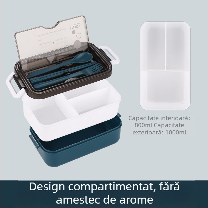 Cutie de prânz pentru microunde, cu capac și compartimente, portabilă pentru studenți și angajați, material alimentar de calitate, cu tacâmuri