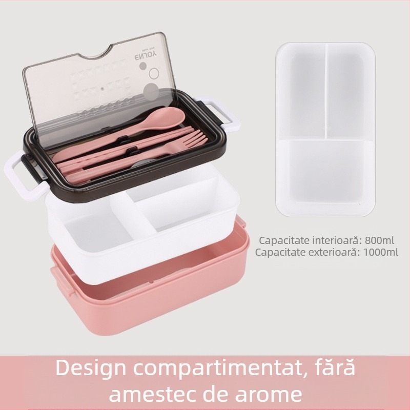 Cutie de prânz pentru microunde, cu capac și compartimente, portabilă pentru studenți și angajați, material alimentar de calitate, cu tacâmuri