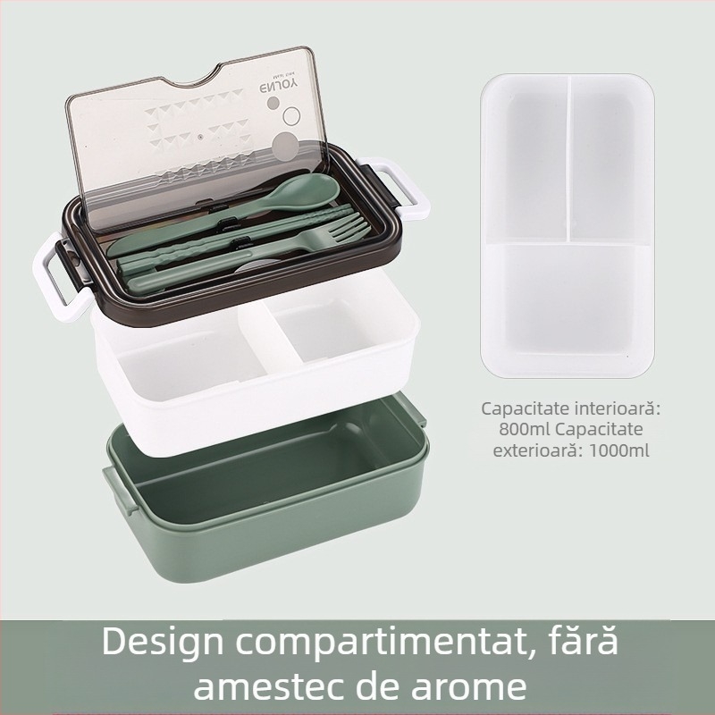 Cutie de prânz pentru microunde, cu capac și compartimente, portabilă pentru studenți și angajați, material alimentar de calitate, cu tacâmuri