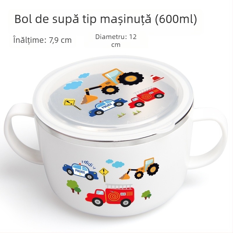 Bol de supă pentru copii din oțel inoxidabil 316, cu capac, formă rotundă, model desen animat, finisaj glazat
