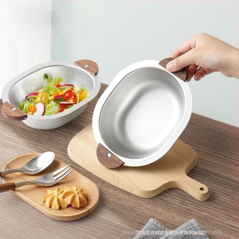 Vas în formă de urs, cu două mâneri, interior din oțel inoxidabil 304 și exterior din lemn masiv, pentru mesele copiilor și salate, stil coreean