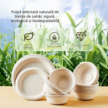 Farfurii și tacâmuri de unică folosință din pulpă de trestie de zahăr, calitate alimentară, rezistente la apă și grăsimi, culoare naturală, biodegradabile.