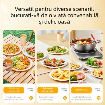 Farfurii și tacâmuri de unică folosință din pulpă de trestie de zahăr, calitate alimentară, rezistente la apă și grăsimi, culoare naturală, biodegradabile.