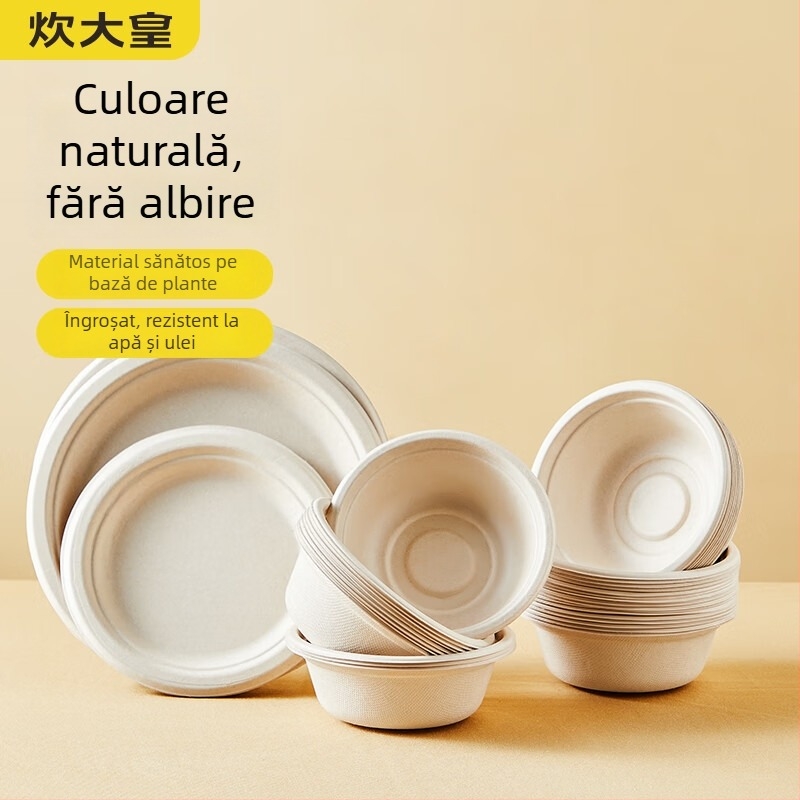 Farfurii și tacâmuri de unică folosință din pulpă de trestie de zahăr, calitate alimentară, rezistente la apă și grăsimi, culoare naturală, biodegradabile.