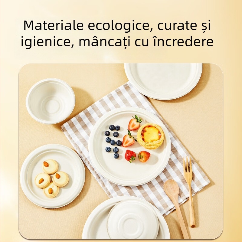 Farfurii și tacâmuri de unică folosință din pulpă de trestie de zahăr, calitate alimentară, rezistente la apă și grăsimi, culoare naturală, biodegradabile.