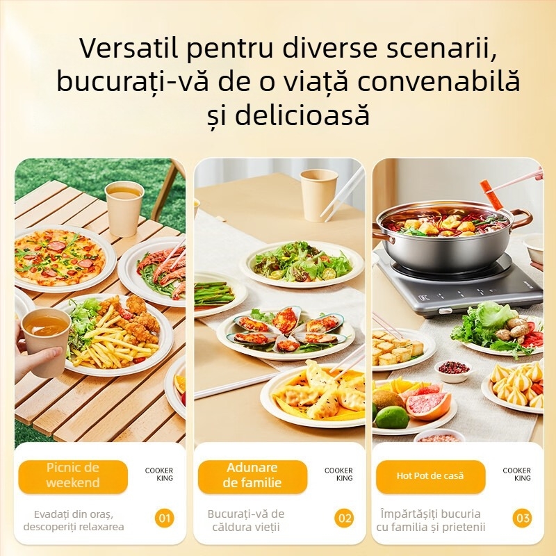 Farfurii și tacâmuri de unică folosință din pulpă de trestie de zahăr, calitate alimentară, rezistente la apă și grăsimi, culoare naturală, biodegradabile.