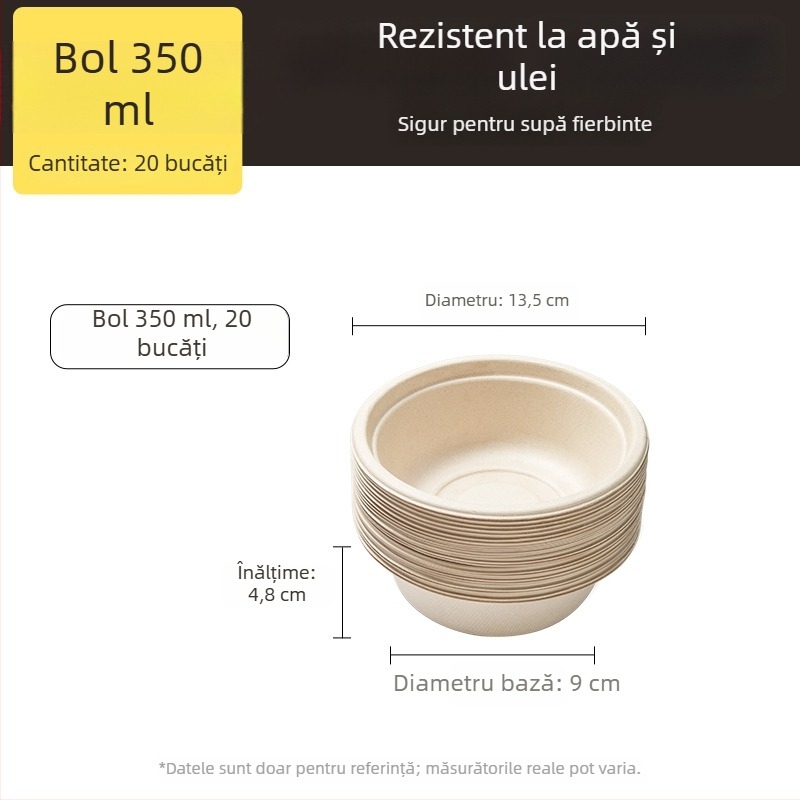 Farfurii și tacâmuri de unică folosință din pulpă de trestie de zahăr, calitate alimentară, rezistente la apă și grăsimi, culoare naturală, biodegradabile.