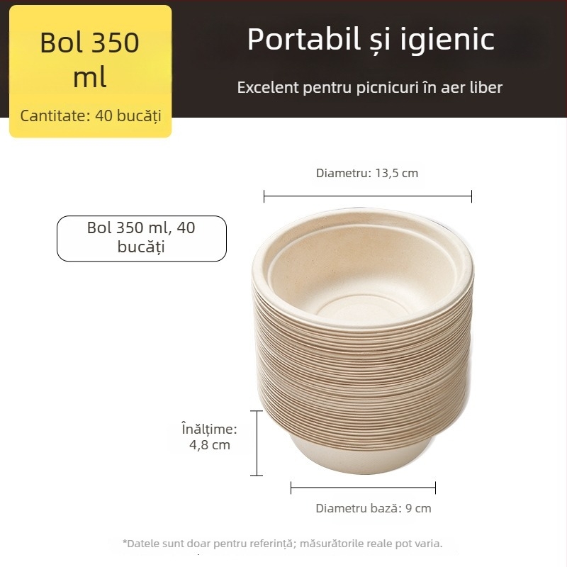 Farfurii și tacâmuri de unică folosință din pulpă de trestie de zahăr, calitate alimentară, rezistente la apă și grăsimi, culoare naturală, biodegradabile.