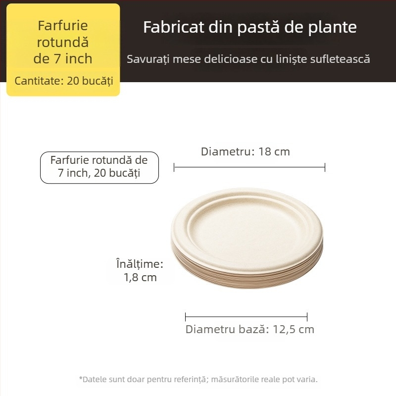 Farfurii și tacâmuri de unică folosință din pulpă de trestie de zahăr, calitate alimentară, rezistente la apă și grăsimi, culoare naturală, biodegradabile.