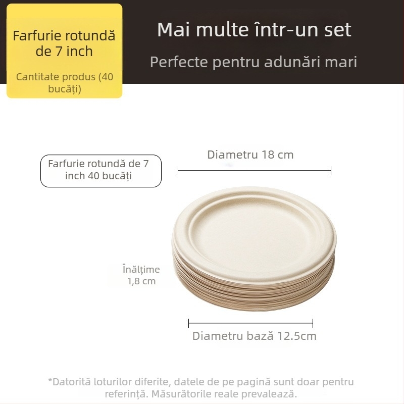 Farfurii și tacâmuri de unică folosință din pulpă de trestie de zahăr, calitate alimentară, rezistente la apă și grăsimi, culoare naturală, biodegradabile.