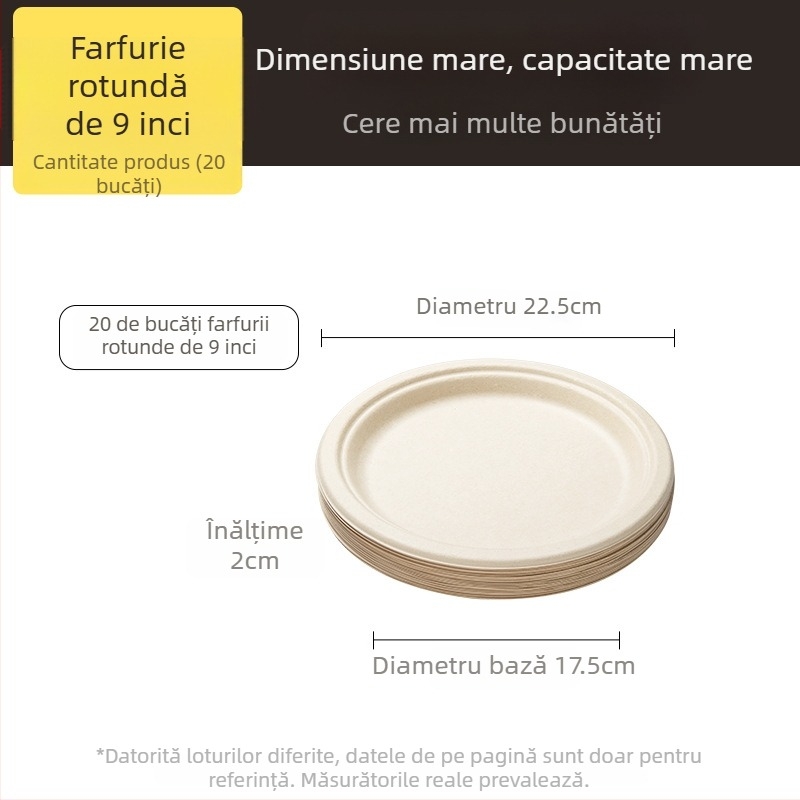 Farfurii și tacâmuri de unică folosință din pulpă de trestie de zahăr, calitate alimentară, rezistente la apă și grăsimi, culoare naturală, biodegradabile.