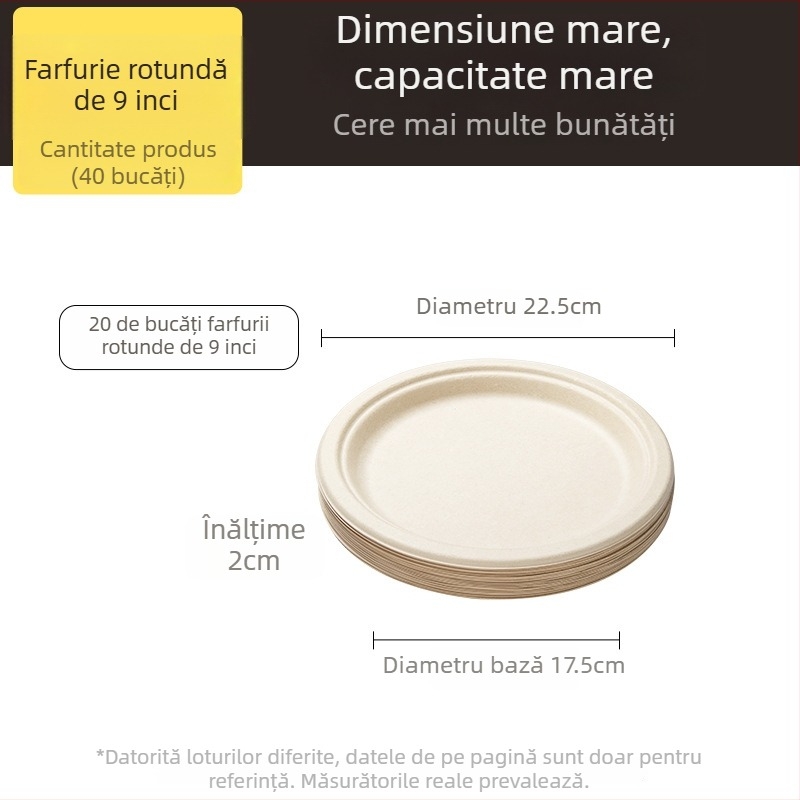 Farfurii și tacâmuri de unică folosință din pulpă de trestie de zahăr, calitate alimentară, rezistente la apă și grăsimi, culoare naturală, biodegradabile.