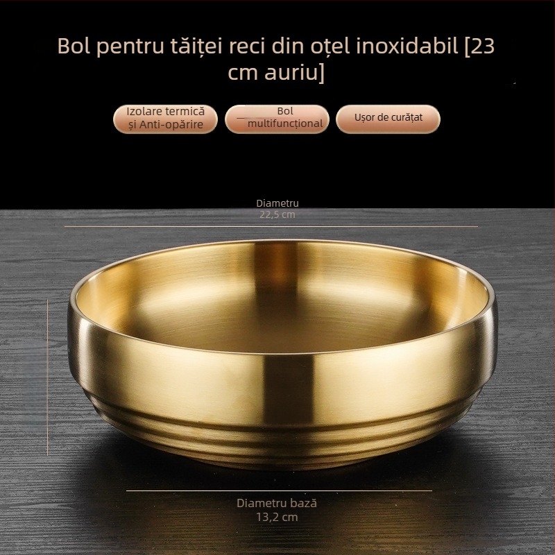 Bol de servire din oțel inoxidabil, capacitate mare, finisaj auriu, formă circulară, pentru uz casnic și în restaurante