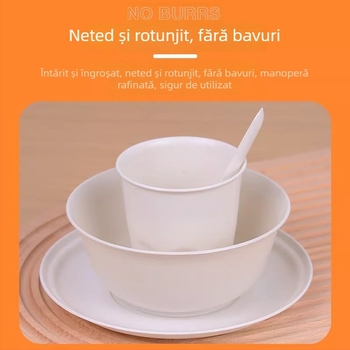 Veselă de unică folosință din coji de orez, set de patru piese cu boluri și farfurii înfășurate în hârtie, biodegradabil