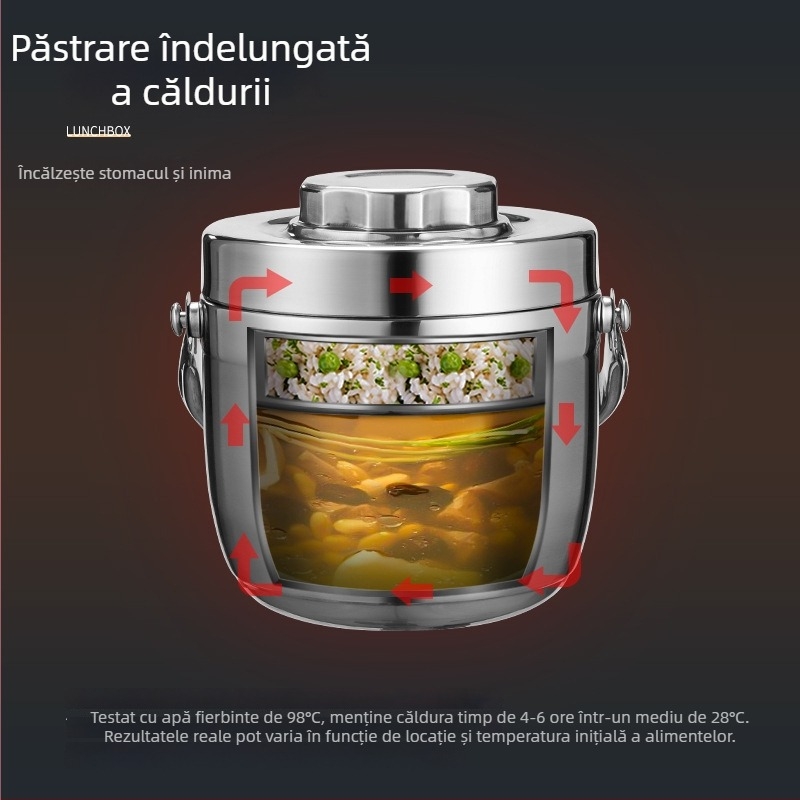 Cutie de prânz izolată din oțel inoxidabil 304 cu mâner, mare capacitate, pentru birou și elevi